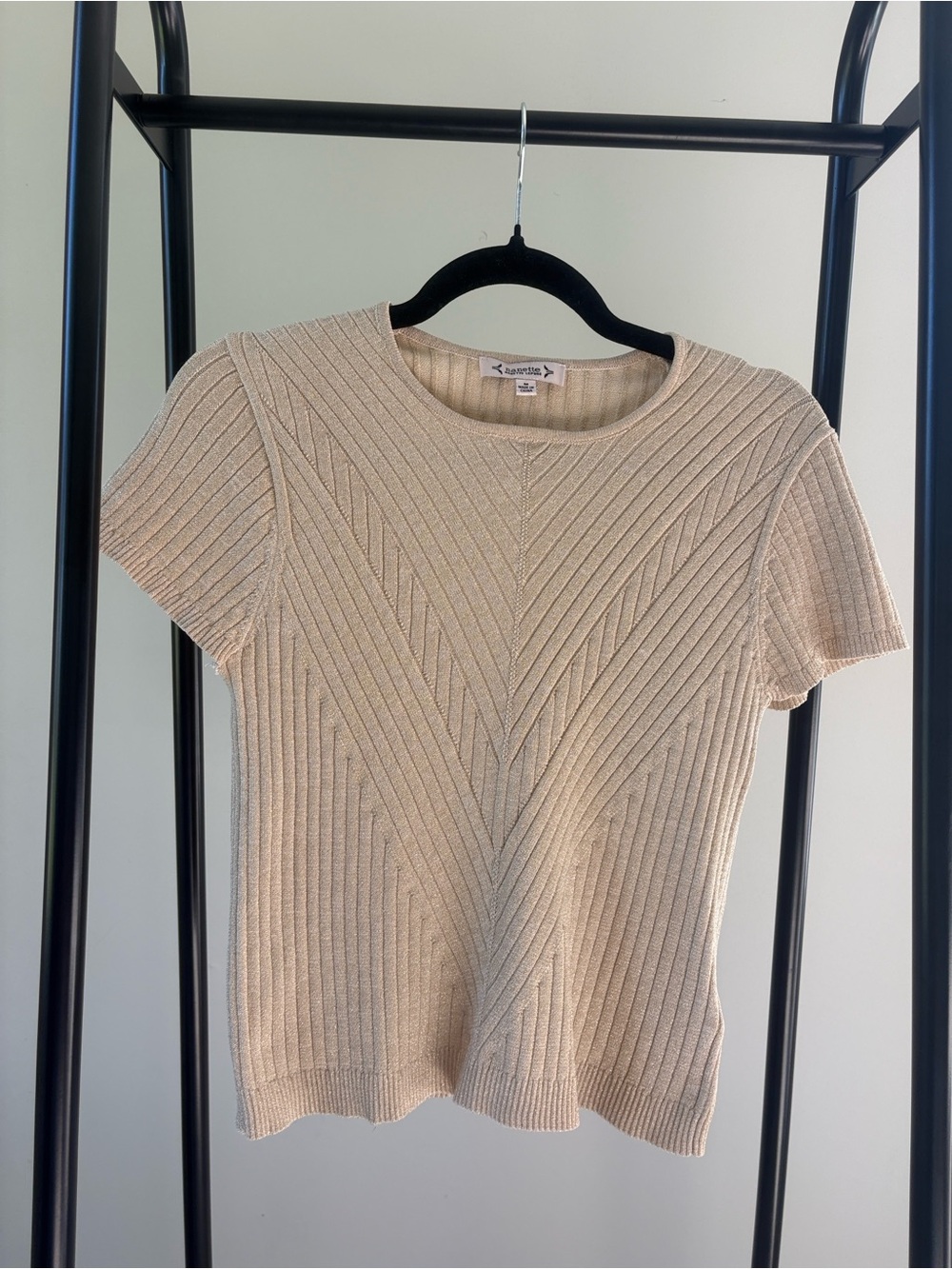 Nanette Lepore Cream Ribbed Knit Metallic Short Sleeve Top